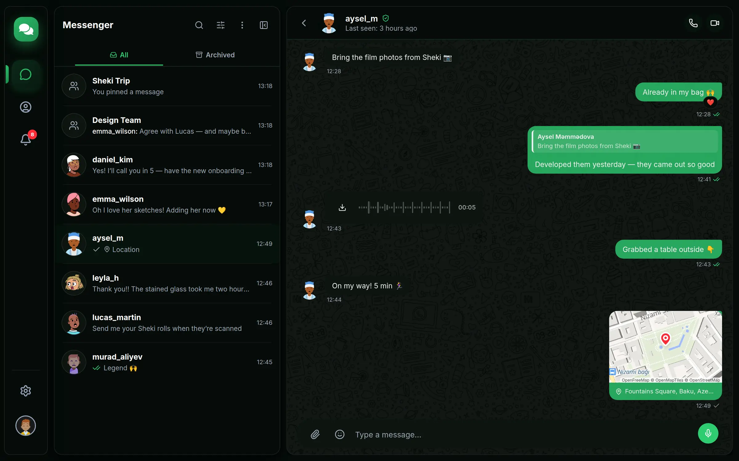 A Connectfy conversation with a reaction, a reply, a voice message and a shared location