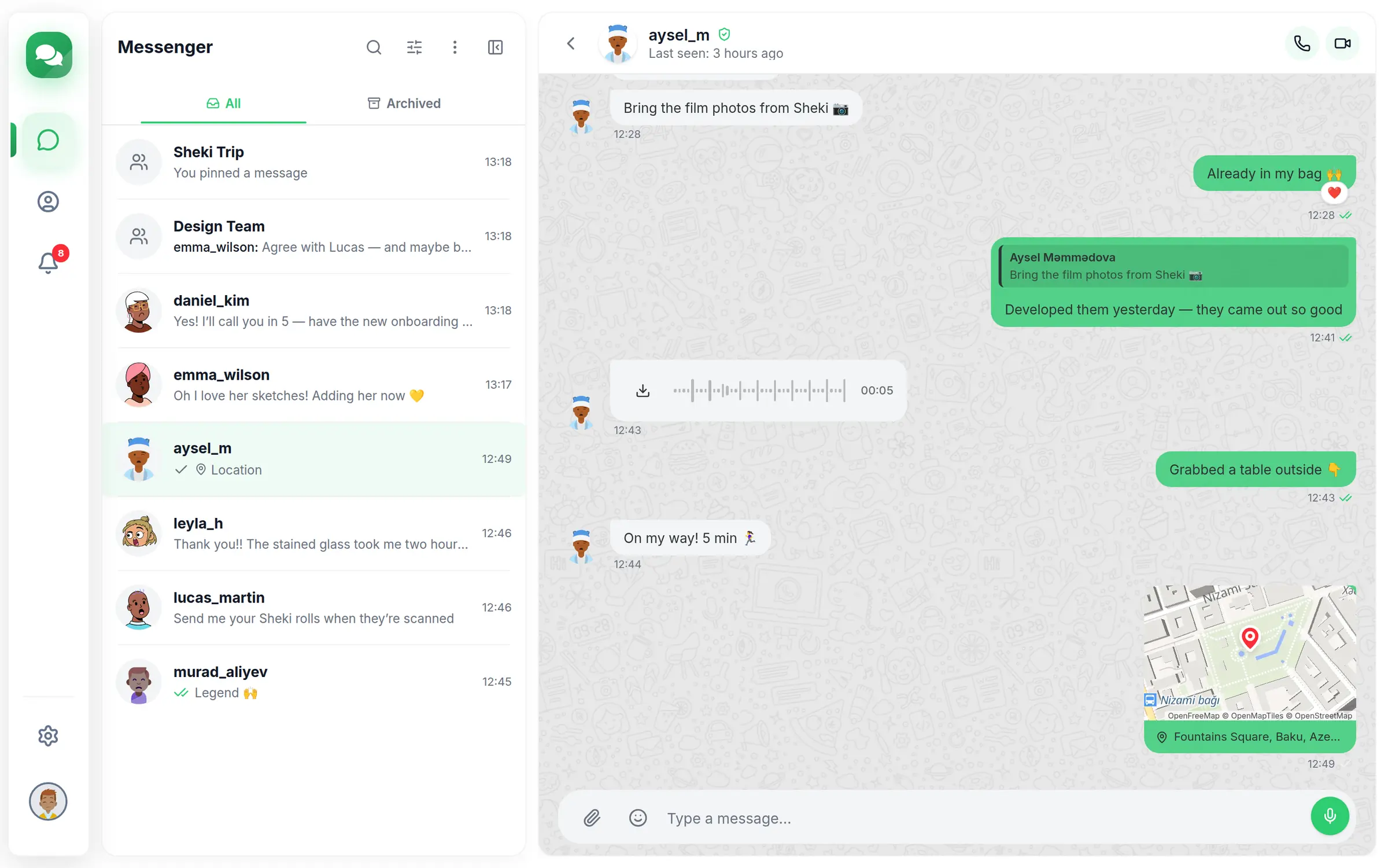 A Connectfy conversation with a reaction, a reply, a voice message and a shared location
