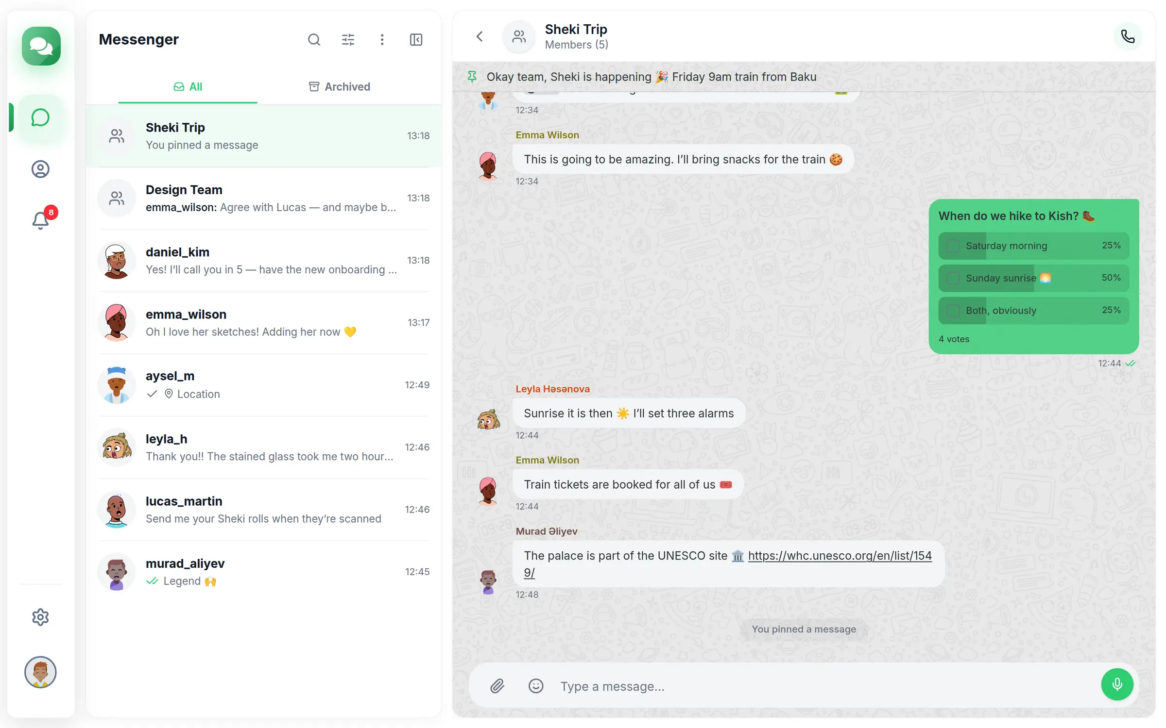 The Sheki Trip group: a pinned message, a poll, mentions and replies